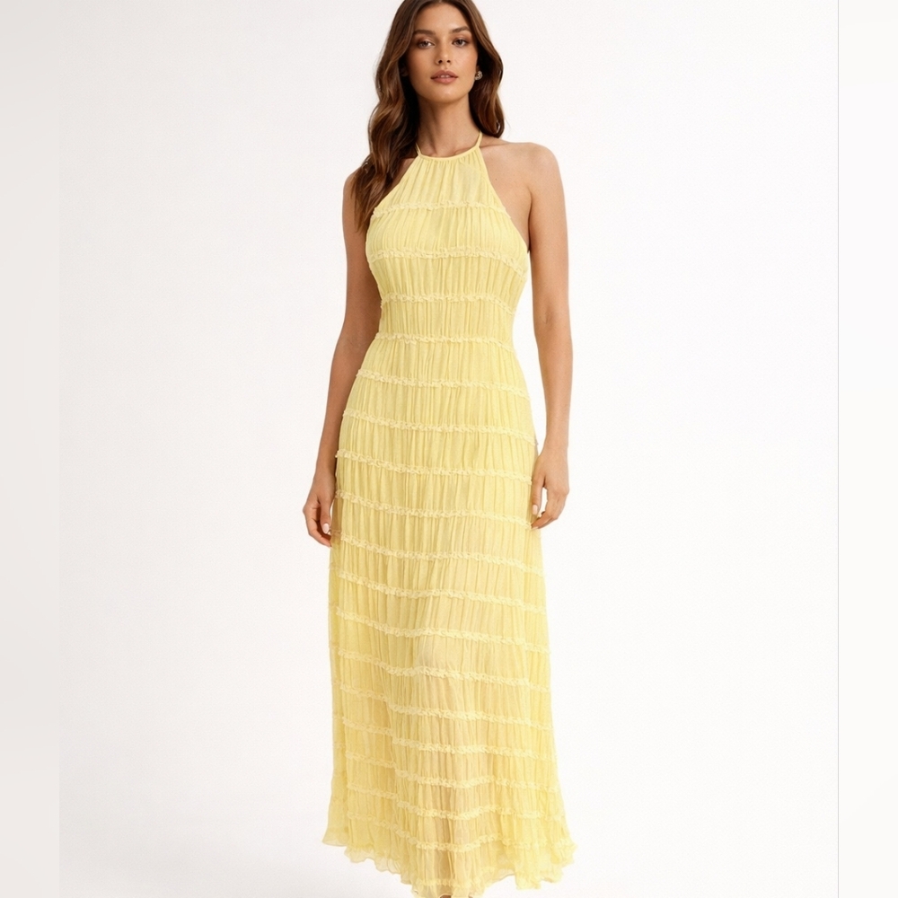 NWT Commense Strappy Back Yellow Halter Dress High Neck Ruched Small Butter S